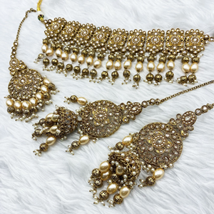 Daya Gold Polki Stone Choker Necklace Set - Antique Gold
