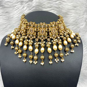 Daya Gold Polki Stone Choker Necklace Set - Antique Gold