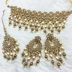 Hara Gold Polki Stone Choker Necklace Set - Antique Gold