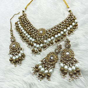 Pahi White Polki Stone Necklace Set - Antique Gold