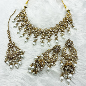 Rija White Polki Stone Necklace Set - Antique Gold