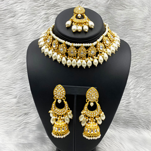 Rifa White Diamante Choker Necklace Set - Gold