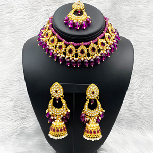 Rifa Purple Choker Necklace Set - Gold