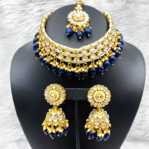 Sain Kundan Navy Blue Choker Necklace Set - Gold