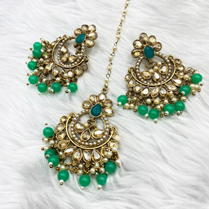 Nya Light Green Earring Tikka Set - Antique Gold