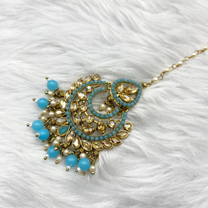 Gajal Light Blue Earring Tikka Set - Antique Gold