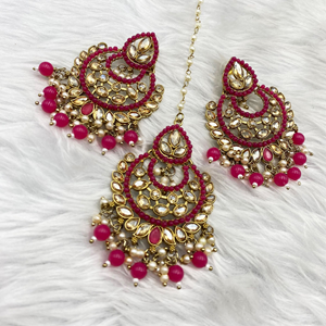 Gajal Hot Pink Earring Tikka Set - Antique Gold