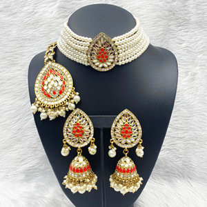 Milu Red Choker Necklace Set - Antique Gold