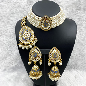 Milu Denim Blue Choker Necklace Set - Antique Gold