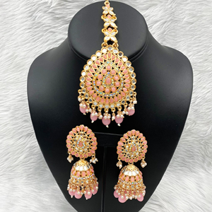 Geeti Baby Pink Mirror Earring & Oversized Tikka Set - Rose Gold