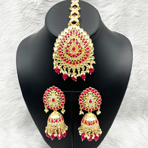 Geeti Hot Pink Mirror Earring & Oversized Tikka Set - Light Gold