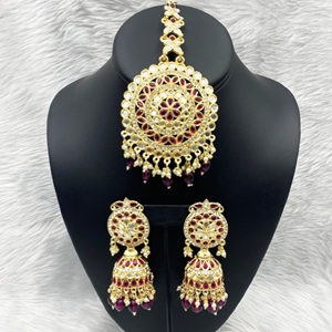 Pahal Purple Mirror Earring & Oversized Tikka Set - Light Gold