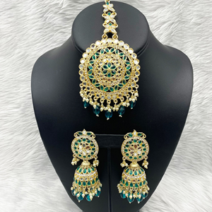 Pahal Peacock Mirror Earring & Oversized Tikka Set - Light Gold