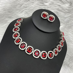 Aama Pink American Diamond Necklace Set - Silver