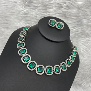 Aama Light Green American Diamond Necklace Set - Silver
