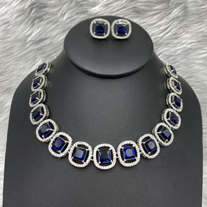 Aama Navy Blue American Diamond Necklace Set - Silver