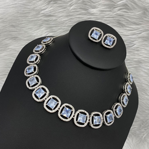 Aama White American Diamond Necklace Set - Silver