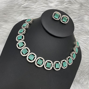 Aama Mint American Diamond Necklace Set - Silver