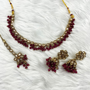 Yani Dark Pink Necklace Set - Antique Gold