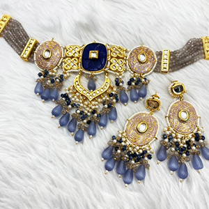 Arja Regal Grey Kundan Choker Necklace Set - Gold