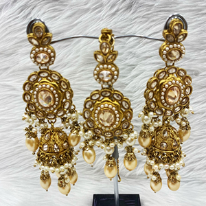 Havu Gold Polki Stone Earring Tikka Set - Antique Gold