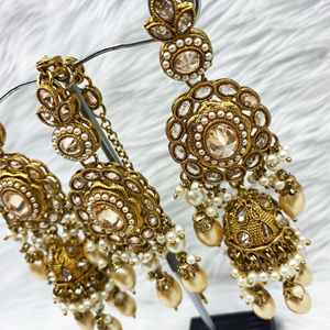 Havu Gold Polki Stone Earring Tikka Set - Antique Gold