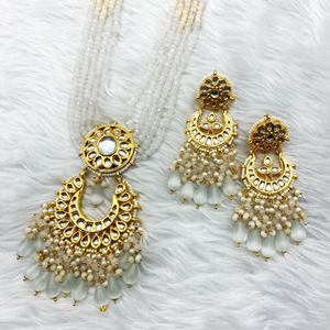 Arja Regal Neutral Kundan Long Necklace Set - Gold