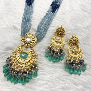 Arja Regal Blue Kundan Long Necklace Set - Gold