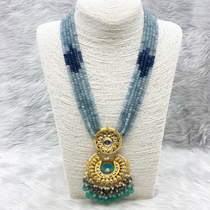 Arja Regal Blue Kundan Long Necklace Set - Gold