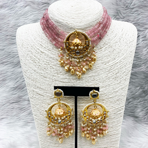 Jiu Baby Pink Kundan Choker Necklace Set - Gold