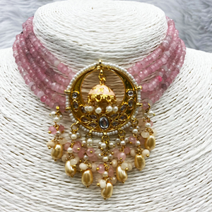 Jiu Baby Pink Kundan Choker Necklace Set - Gold