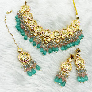 Vaak Regal Pista & Pink Kundan Necklace Set - Gold
