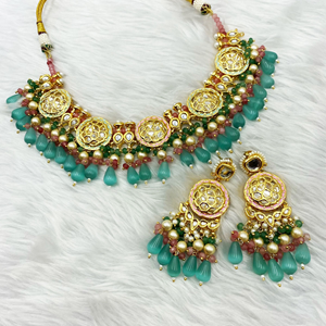 Hasu Regal Pista & Pink Kundan Necklace Set - Gold