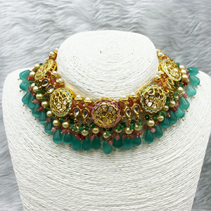 Hasu Regal Pista & Pink Kundan Necklace Set - Gold