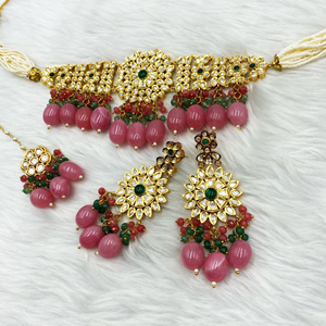 Kiko Regal Pink & Green Glass Kundan Choker Necklace Set - Gold