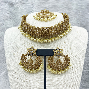 Anna Gold Polki Stone Choker Necklace Set - Antique Gold