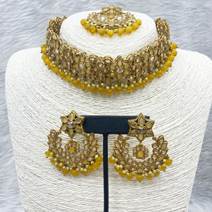 Anna Gold Polki Stone Yellow Choker Necklace Set - Antique Gold