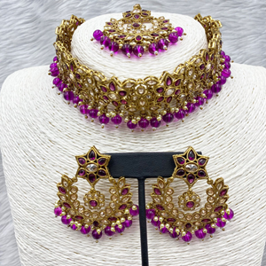 Anna Gold Polki Stone Purple Choker Necklace Set - Antique Gold