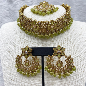 Anna Gold Polki Stone Olive Choker Necklace Set - Antique Gold