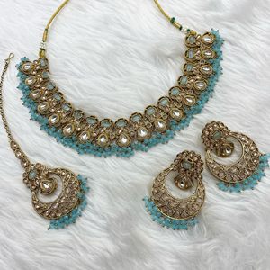 Giral Gold Polki/Kundan Light Blue Stone Necklace Set - Antique Gold