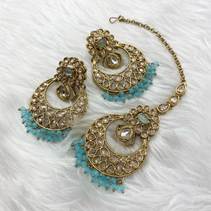 Giral Gold Polki/Kundan Light Blue Stone Necklace Set - Antique Gold