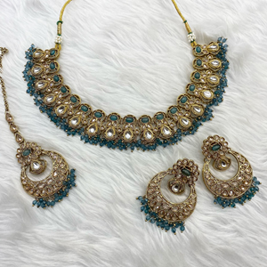 Giral Gold Polki/Kundan Denim Green Stone Necklace Set - Antique Gold