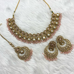 Giral Gold Polki/Kundan Baby Pink Stone Necklace Set - Antique Gold