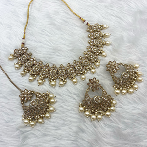 Tej Polki Stone Champagne Pearl Necklace Set - Antique Gold