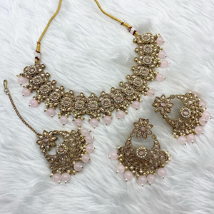Tej Polki Stone Baby Pink Necklace Set - Antique Gold