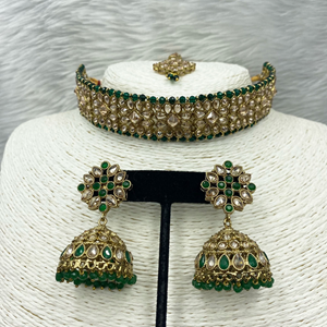 Kina Gold Polki / Green Beads Choker Necklace Set - Antique Gold