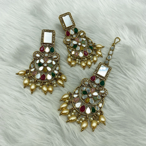 Gopu Mirror Multicolour Earring Tikka Set - Antique Gold