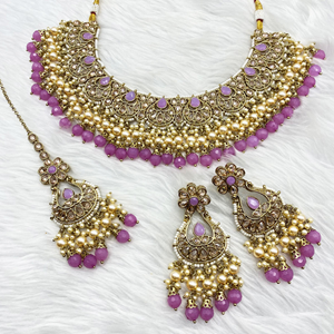 Rett Gold Polki Stone/Lilac Beads Necklace set - Antique Gold