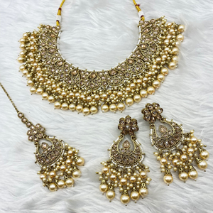Rett Gold Polki Stone Champagne Pearl Necklace set - Antique Gold