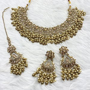Rett Gold Polki Stone/Gold Beads Necklace set - Antique Gold